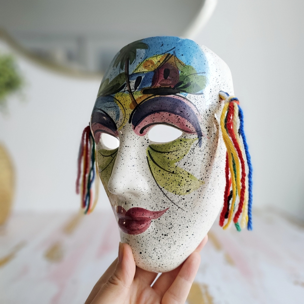 Hand-Painted Vintage Ceramic Mask with Colorful Tassels, Unique Art Piece